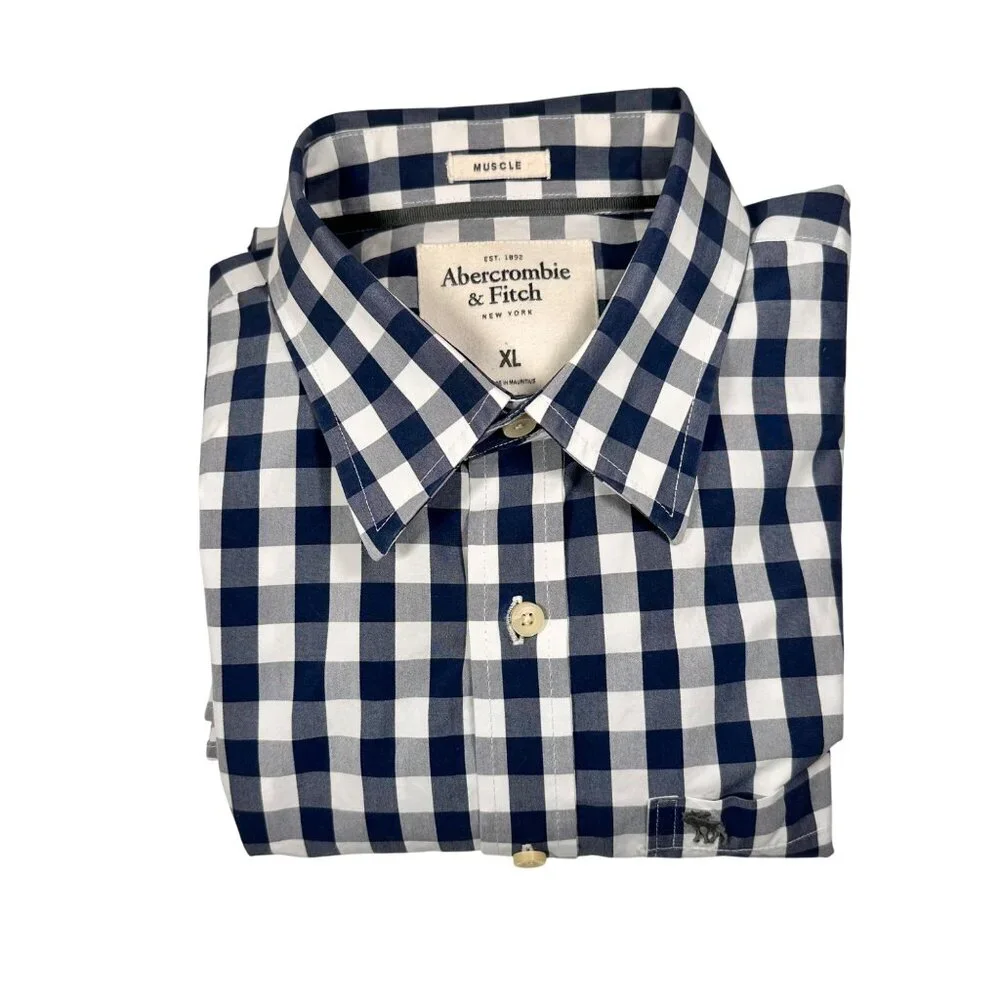 Abercrombie & Fitch Blue White Gingham Long Sleeve Muscle Fit Button-Up Shirt XL - Picture 1 of 11